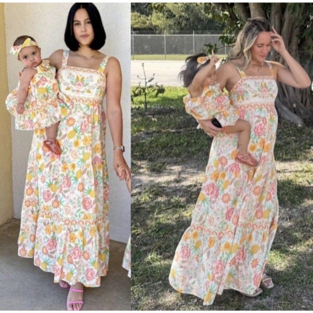 Rachel Zoe L 12 Linen Floral Maxi Dress Tiered Sleevlesss Embroidered Tank